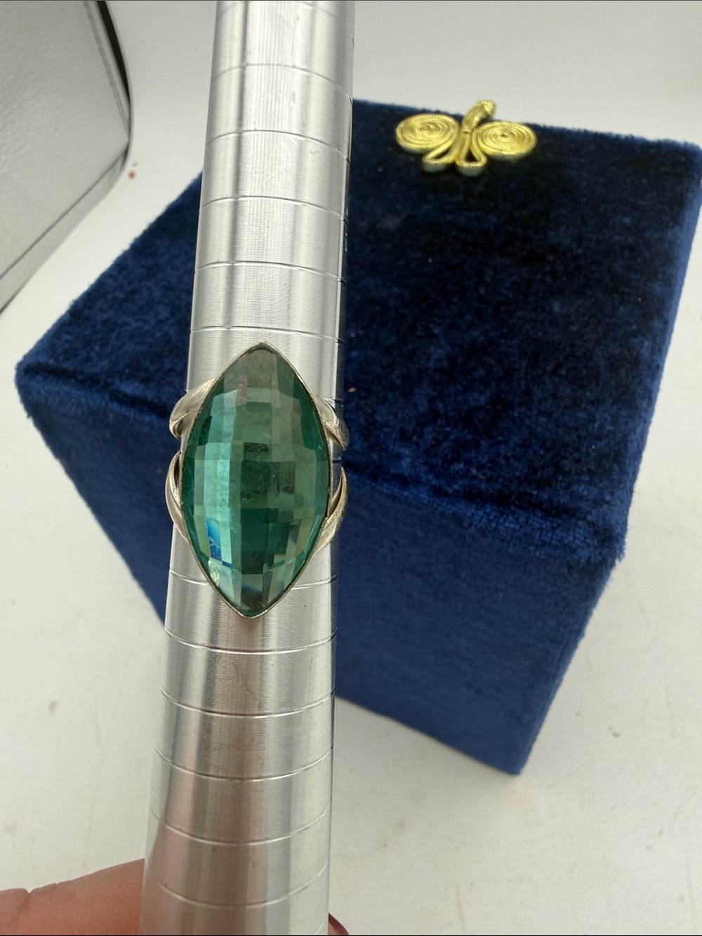 Silver 925 Checkerboard Facet Marquise Aquamarine Ring Size 7.5